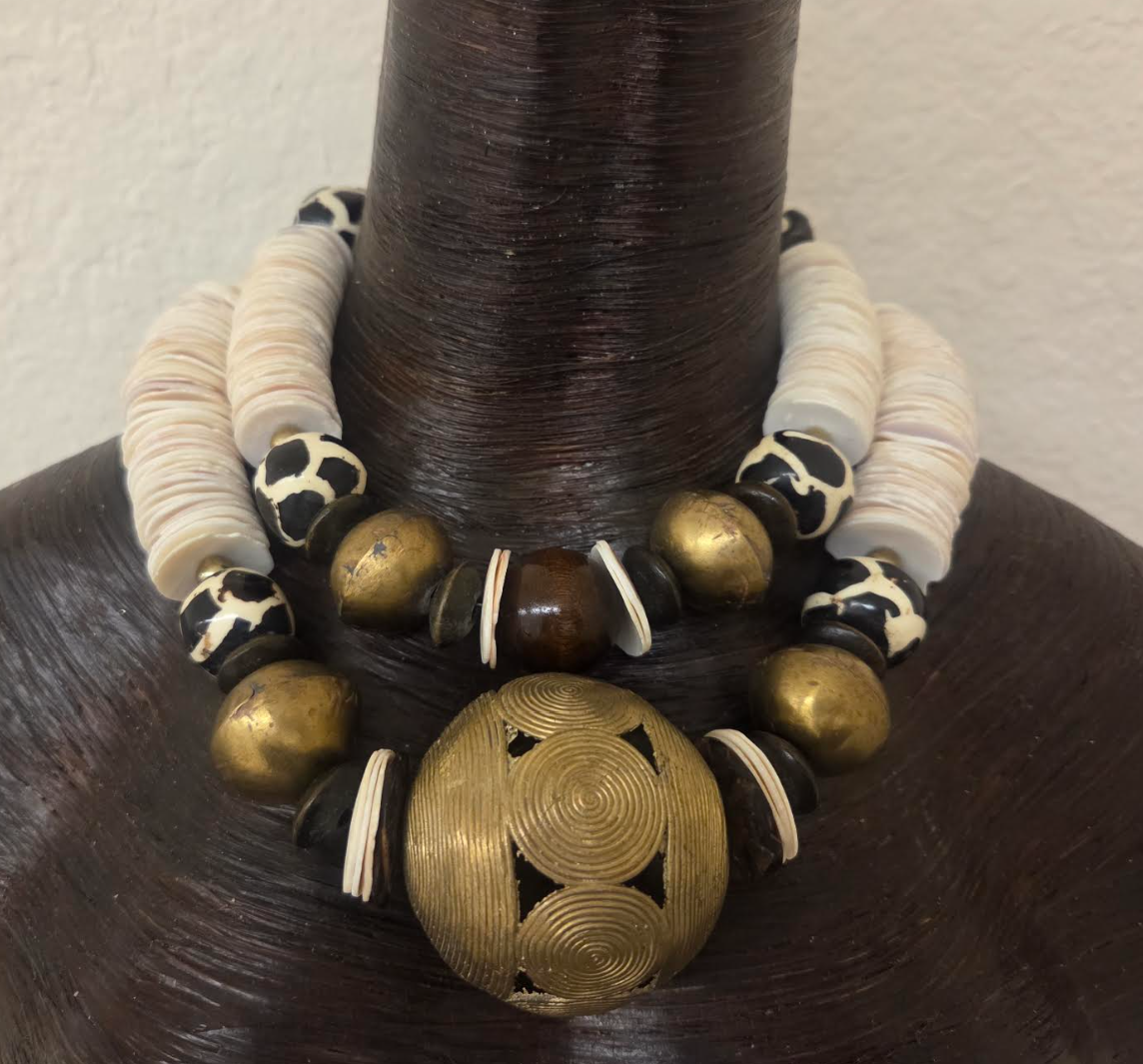 Tribal Luxury Statement Necklace Set of Two - Cream, Brown & Gold