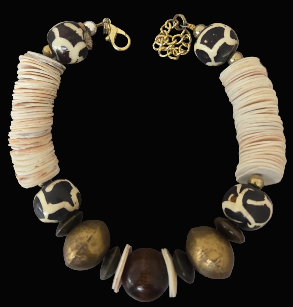 Tribal Luxury Statement Necklace Set of Two - Cream, Brown & Gold
