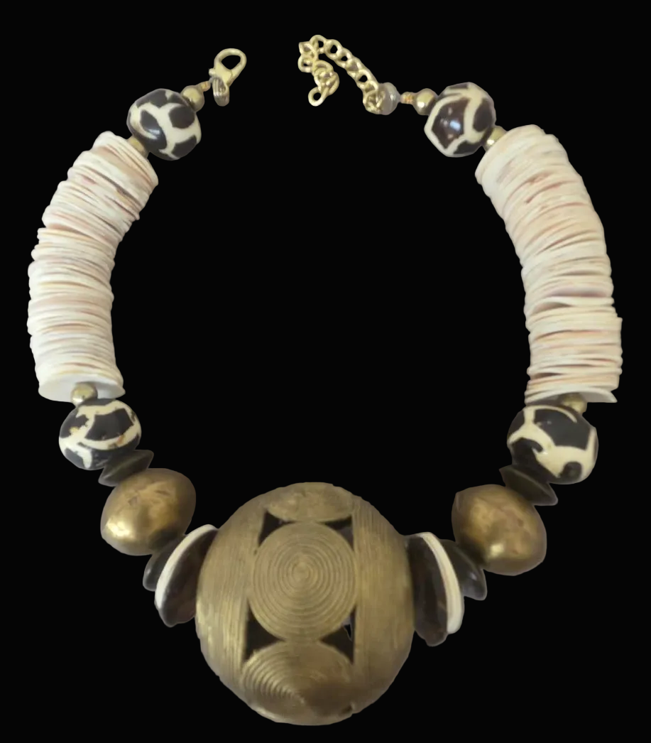 Tribal Luxury Statement Necklace Set of Two - Cream, Brown & Gold