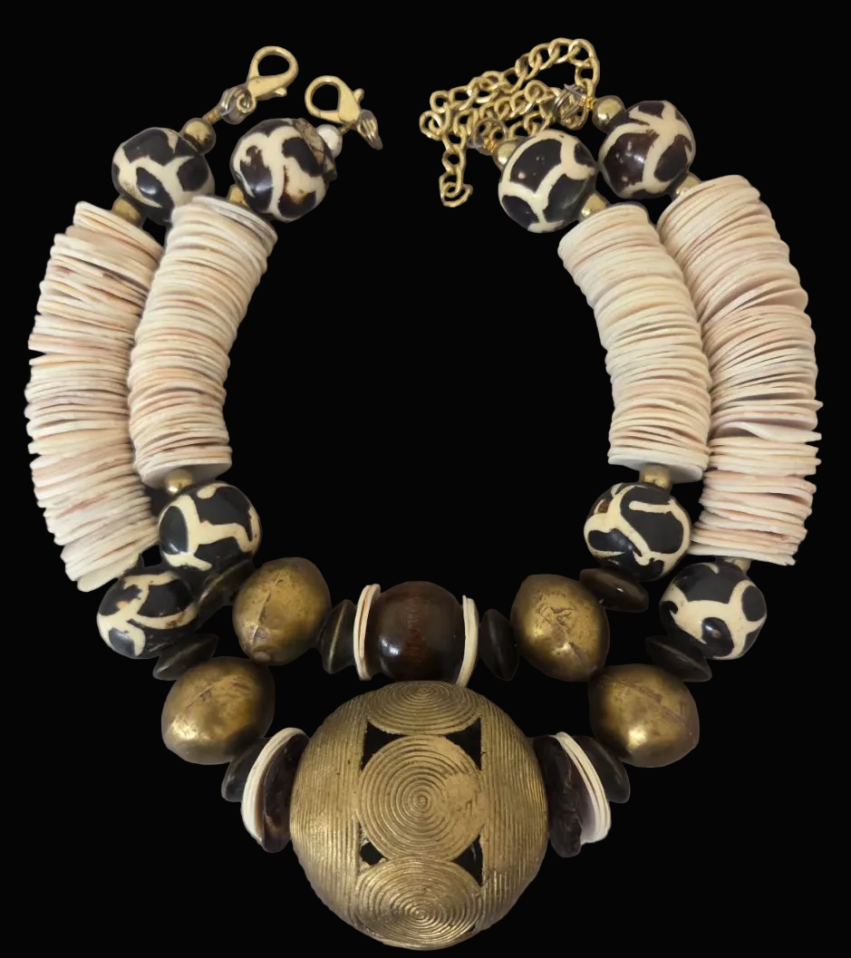 Tribal Luxury Statement Necklace Set of Two - Cream, Brown & Gold