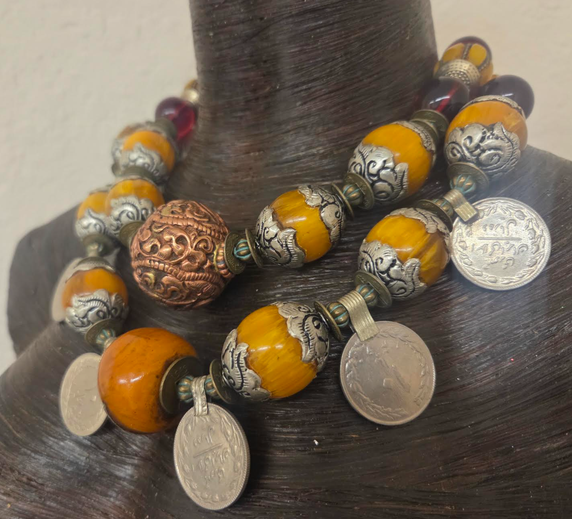 Tibetan Inspired Beaded Kuchi Coin Exotic Tribal Statement Necklace
