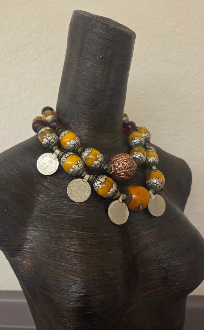 Tibetan Inspired Beaded Kuchi Coin Exotic Tribal Statement Necklace