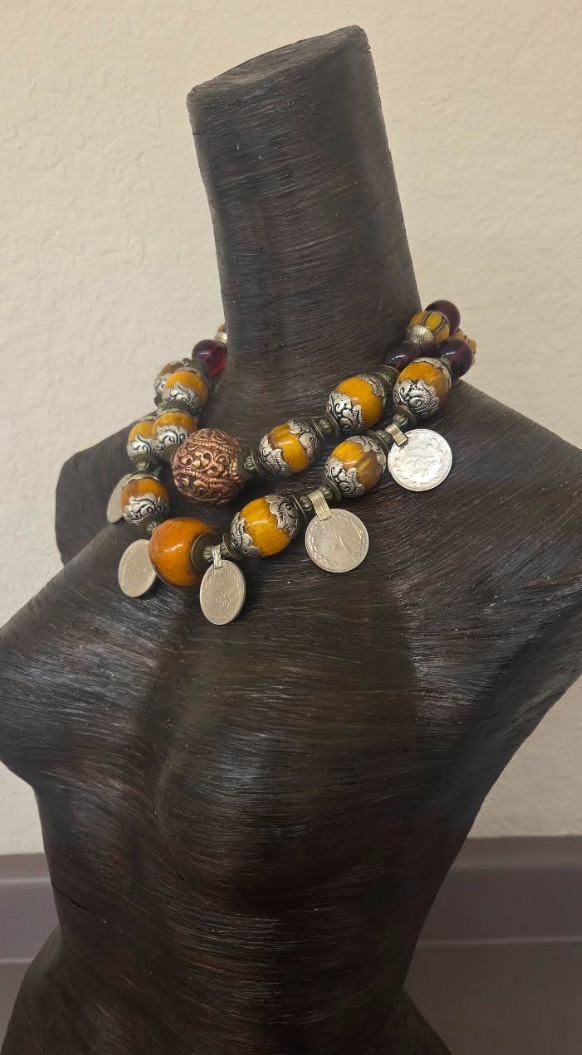 Tibetan Inspired Beaded Kuchi Coin Exotic Tribal Statement Necklace