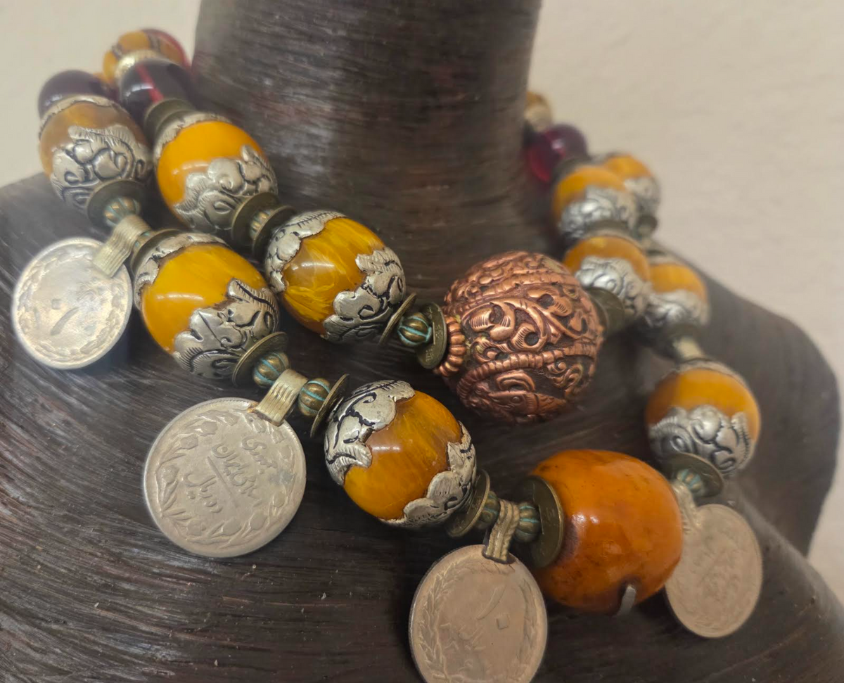 Tibetan Inspired Beaded Kuchi Coin Exotic Tribal Statement Necklace