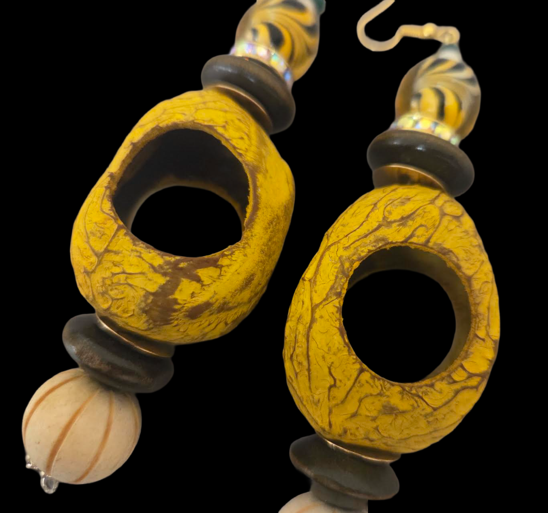 Exotic Pangi Seed & Bead Earthy Pierced Earrings - SE Asia & Indonesia