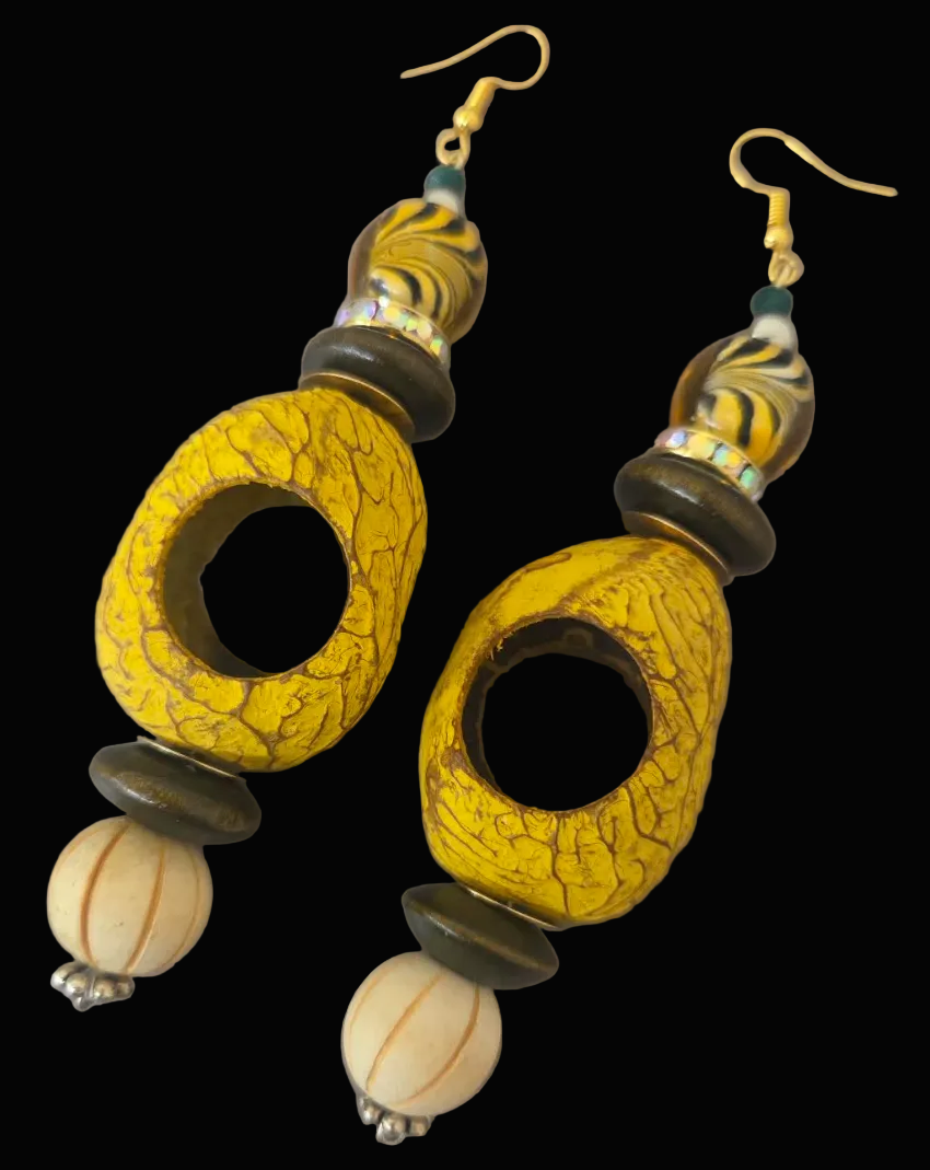 Exotic Pangi Seed & Bead Earthy Pierced Earrings - SE Asia & Indonesia