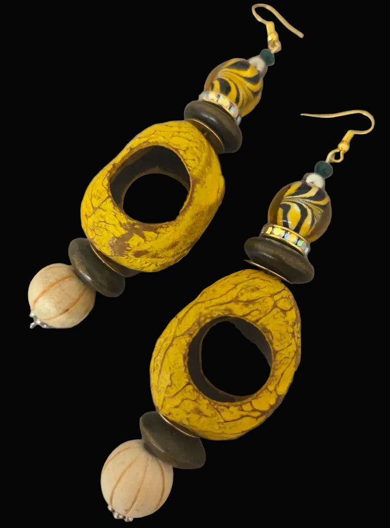 Exotic Pangi Seed & Bead Earthy Pierced Earrings - SE Asia & Indonesia