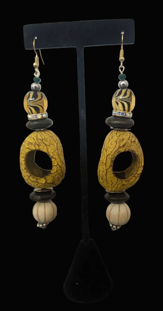 Exotic Pangi Seed & Bead Earthy Pierced Earrings - SE Asia & Indonesia
