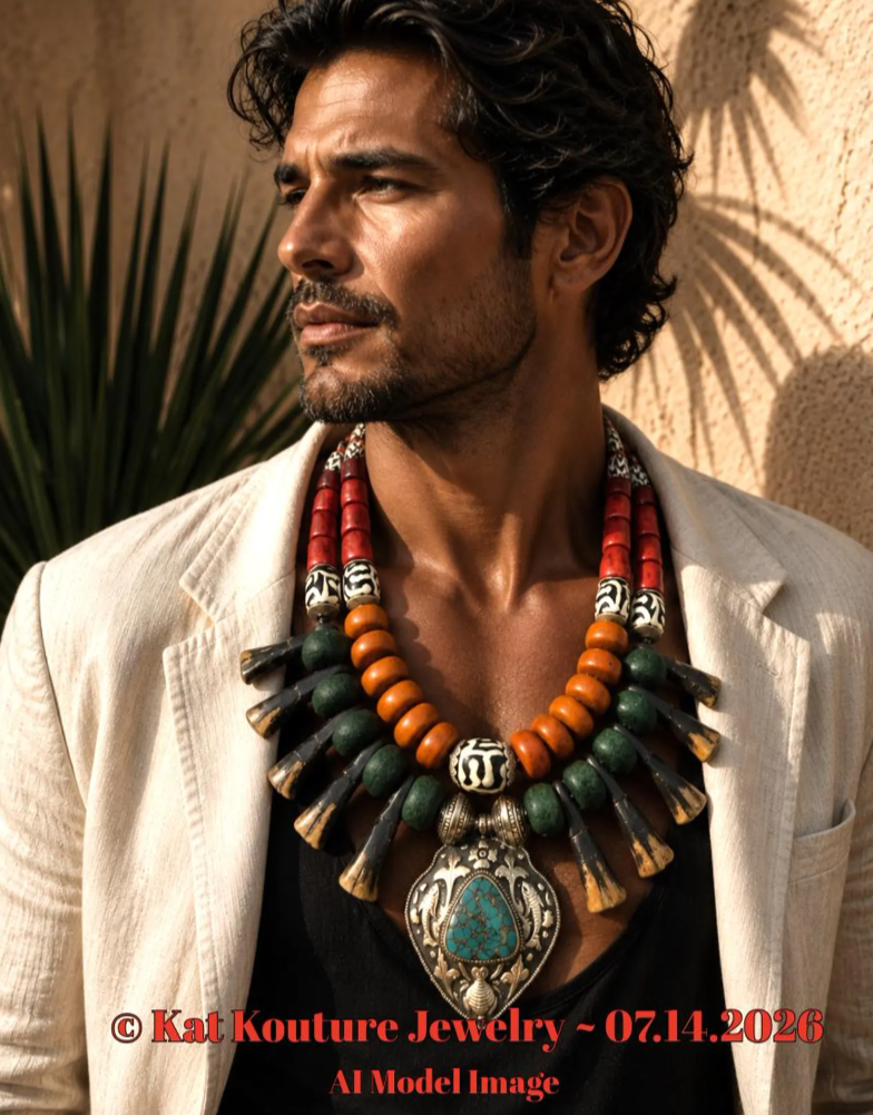 Exotic Tribal Luxe Necklace - Moroccan Resin, Zebu Bone & Bison Teeth