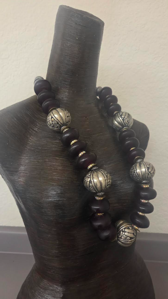Burgundy Moroccan Resin & Tibetan Repousse Beaded Tribal Rope