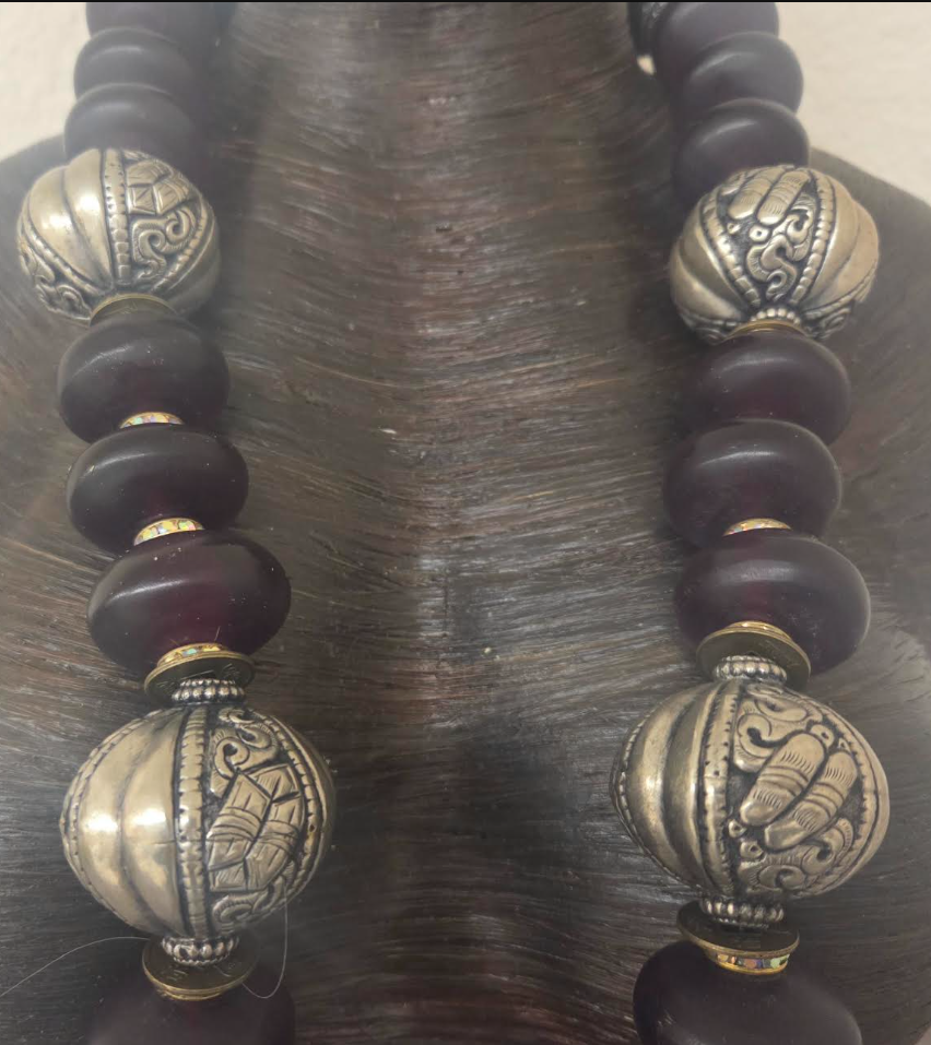 Burgundy Moroccan Resin & Tibetan Repousse Beaded Tribal Rope