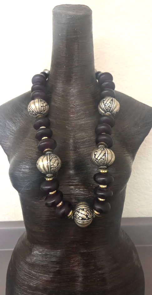 Burgundy Moroccan Resin & Tibetan Repousse Beaded Tribal Rope