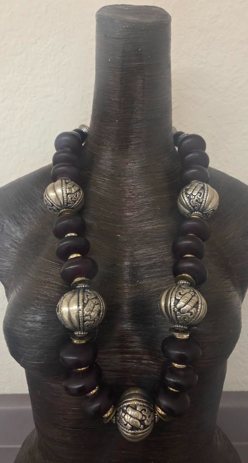 Burgundy Moroccan Resin & Tibetan Repousse Beaded Tribal Rope