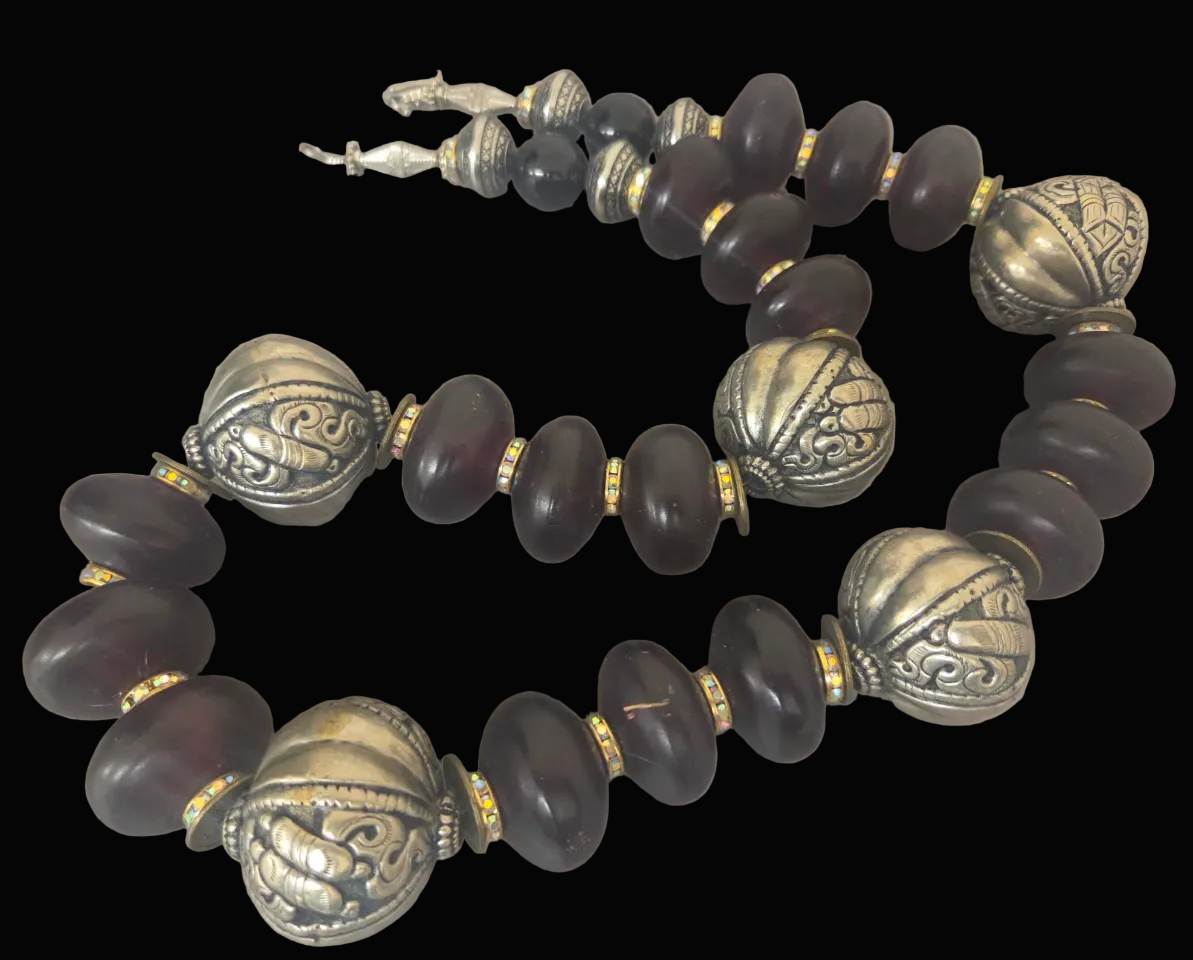 Burgundy Moroccan Resin & Tibetan Repousse Beaded Tribal Rope