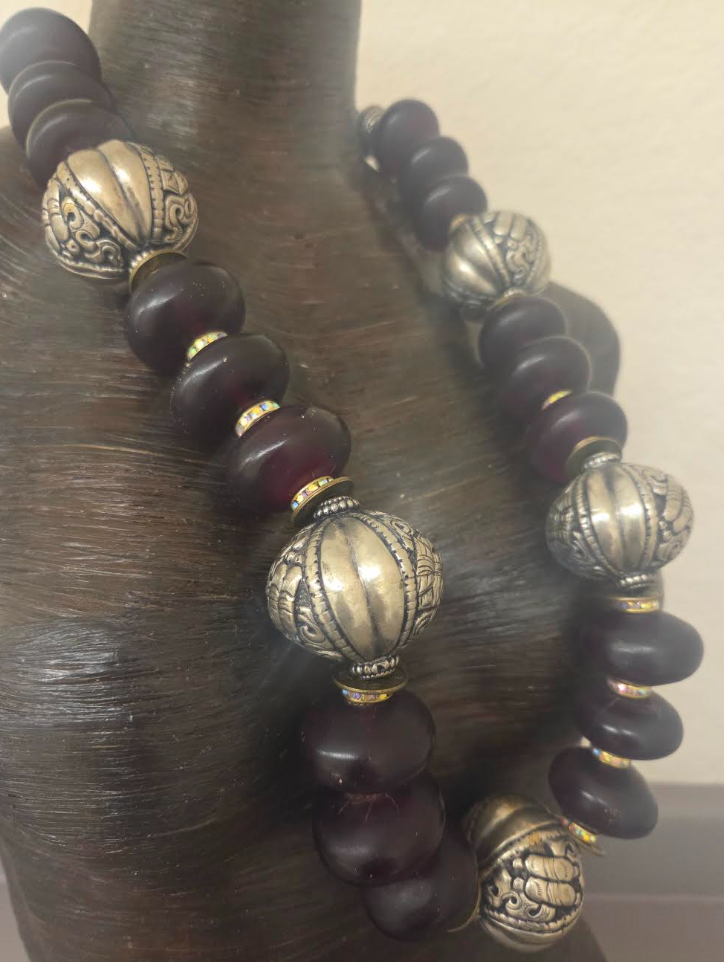 Burgundy Moroccan Resin & Tibetan Repousse Beaded Tribal Rope
