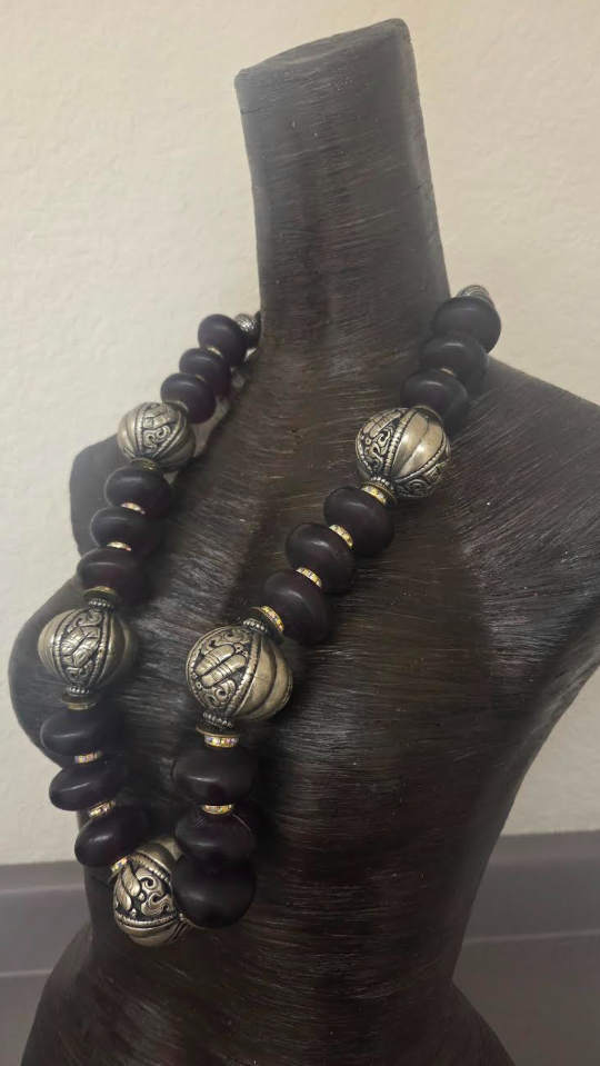 Burgundy Moroccan Resin & Tibetan Repousse Beaded Tribal Rope