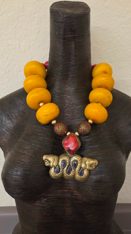 Oversized Orange Moroccan Resin Tribal Necklace - Double Dragon Pendant