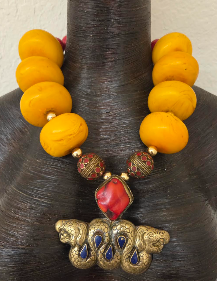 Oversized Orange Moroccan Resin Tribal Necklace - Double Dragon Pendant