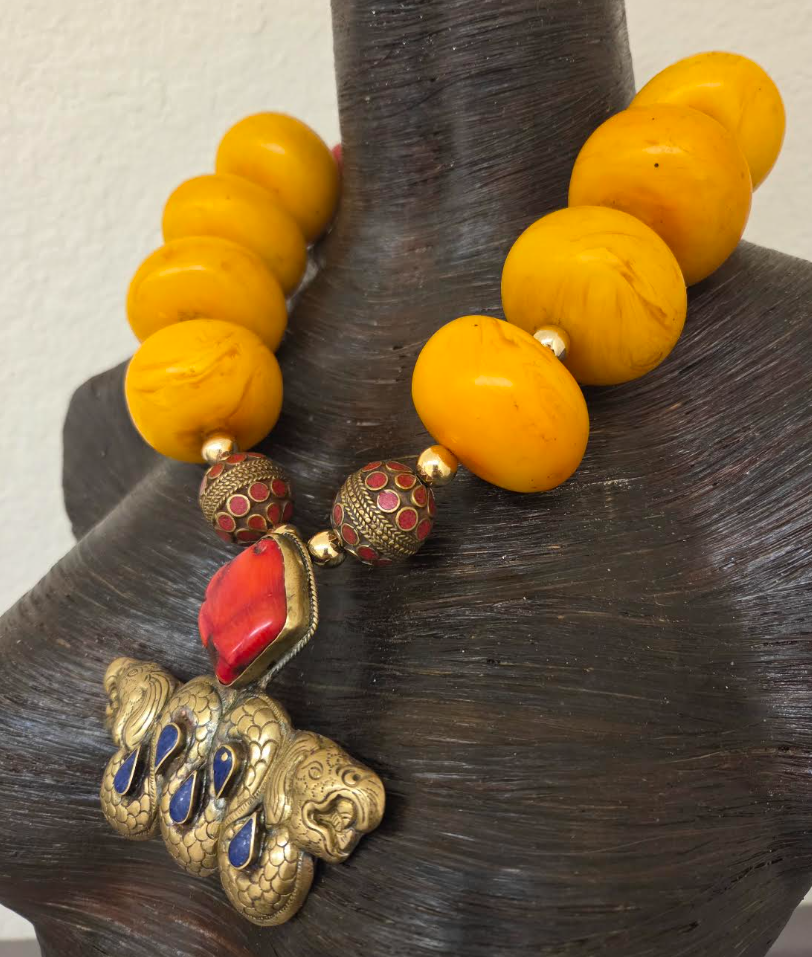Oversized Orange Moroccan Resin Tribal Necklace - Double Dragon Pendant