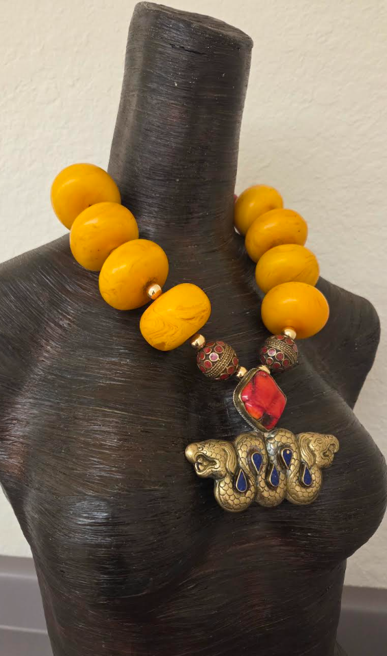 Oversized Orange Moroccan Resin Tribal Necklace - Double Dragon Pendant