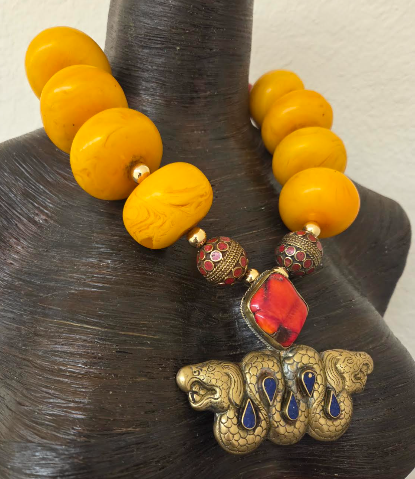 Oversized Orange Moroccan Resin Tribal Necklace - Double Dragon Pendant