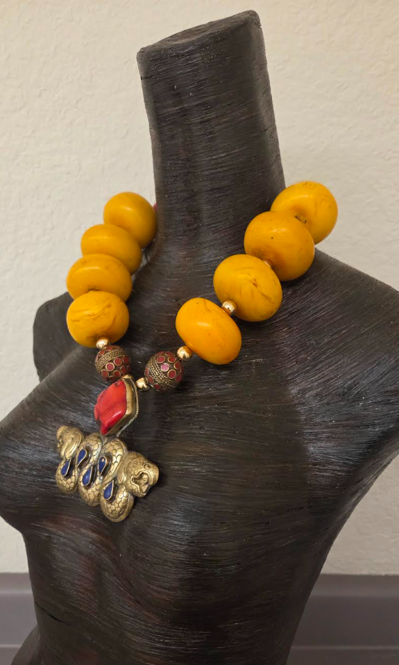 Oversized Orange Moroccan Resin Tribal Necklace - Double Dragon Pendant