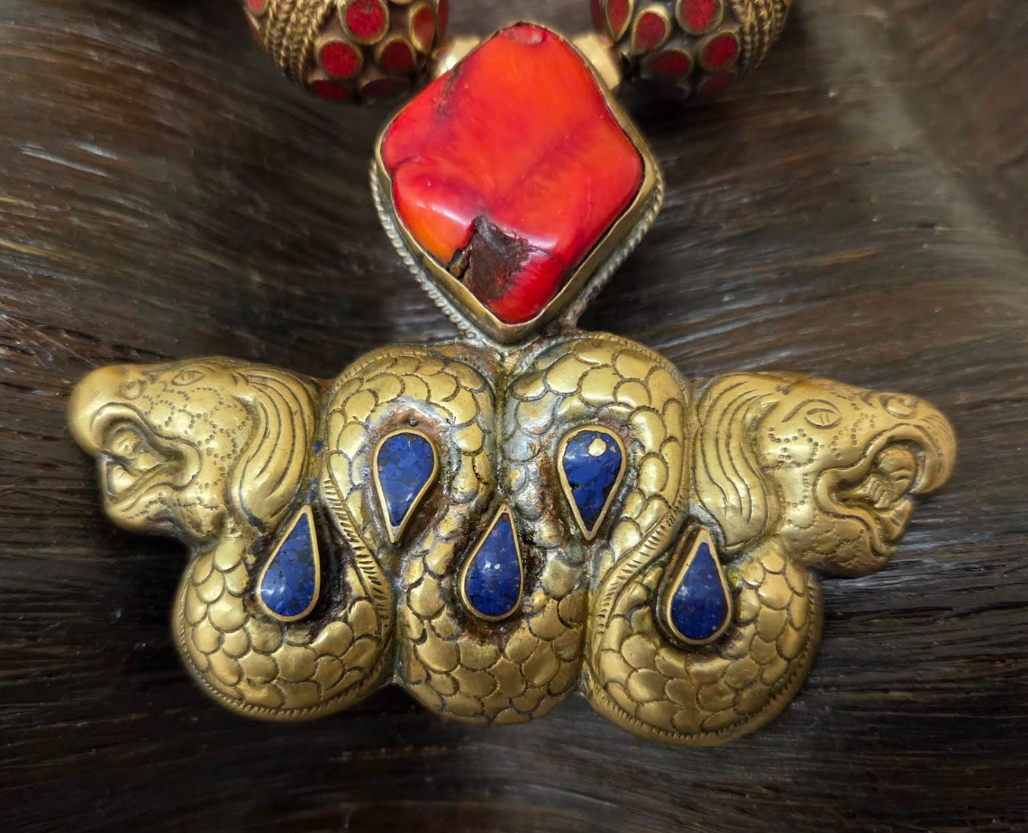 Oversized Orange Moroccan Resin Tribal Necklace - Double Dragon Pendant