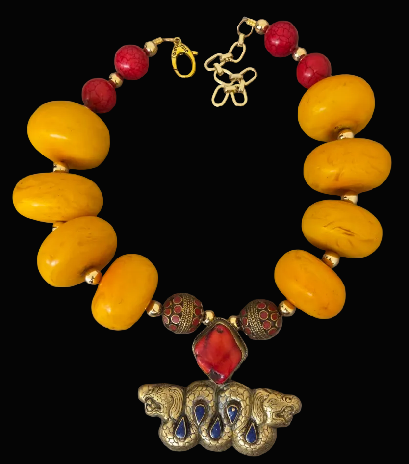 Oversized Orange Moroccan Resin Tribal Necklace - Double Dragon Pendant