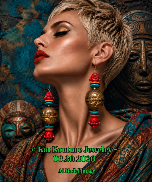 Buddha & Ethiopian Copper Beaded Dangle Tribal Statement Earrings