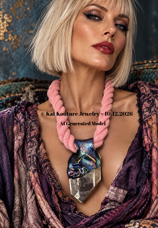 Hand Sculpted Quartz Point Statement Pendant with Thick Pink Rope