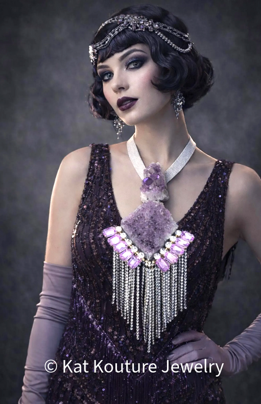Rough Amethyst & Rhinestone Fringe Art Deco Revival Chest Piece