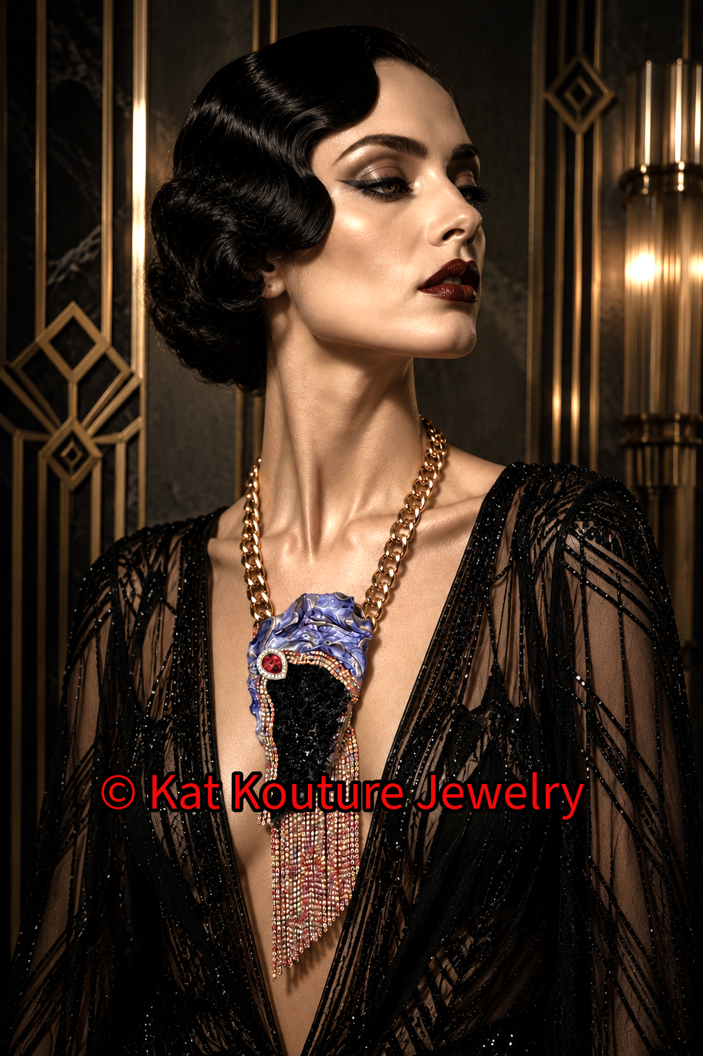Rough Amethyst & Red Rhinestone Fringe Art Deco Pendant - Gatsby