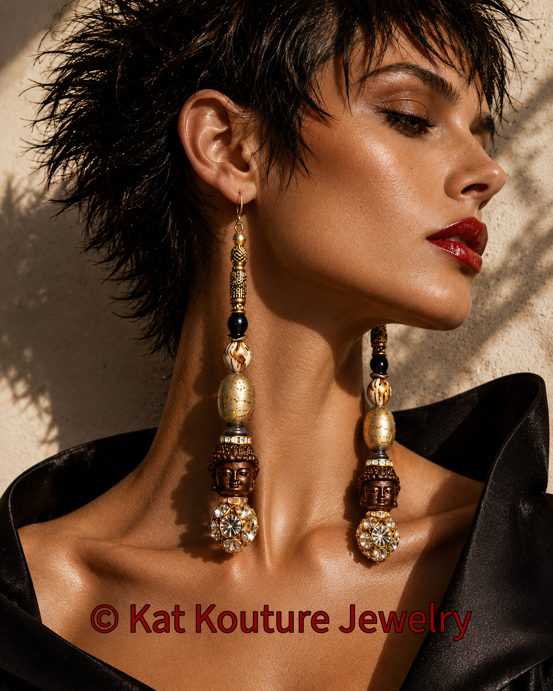 Agarwood Budda Head & Rhinestone Ball Shoulder Duster Statement Earrings