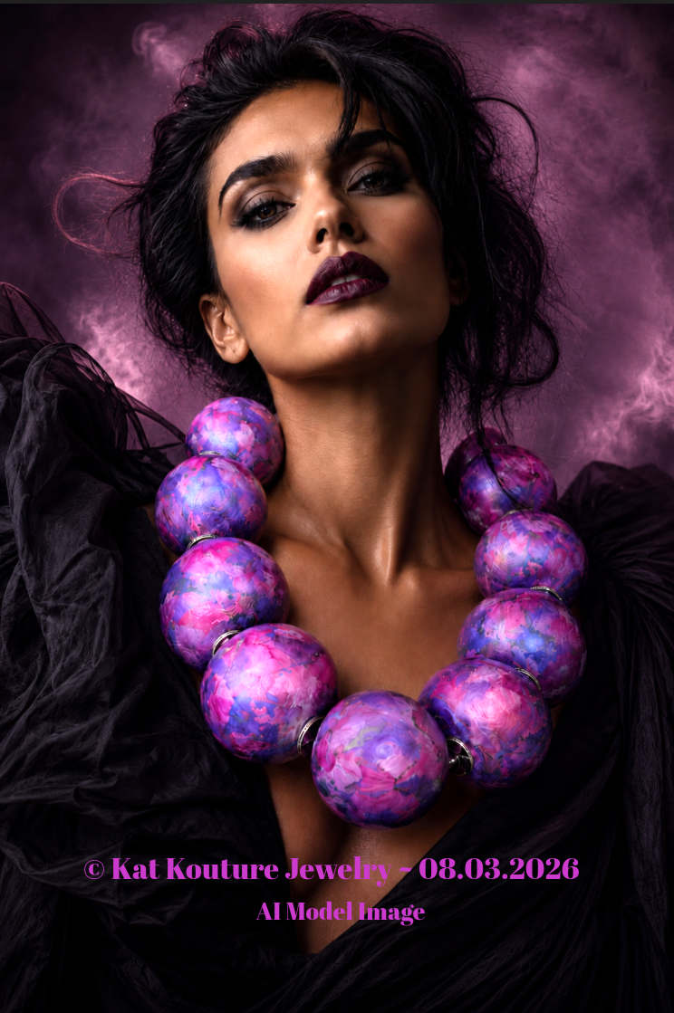 Enormous Hand Sculpted Pink & Purple Beaded Statement Necklace - OOAK