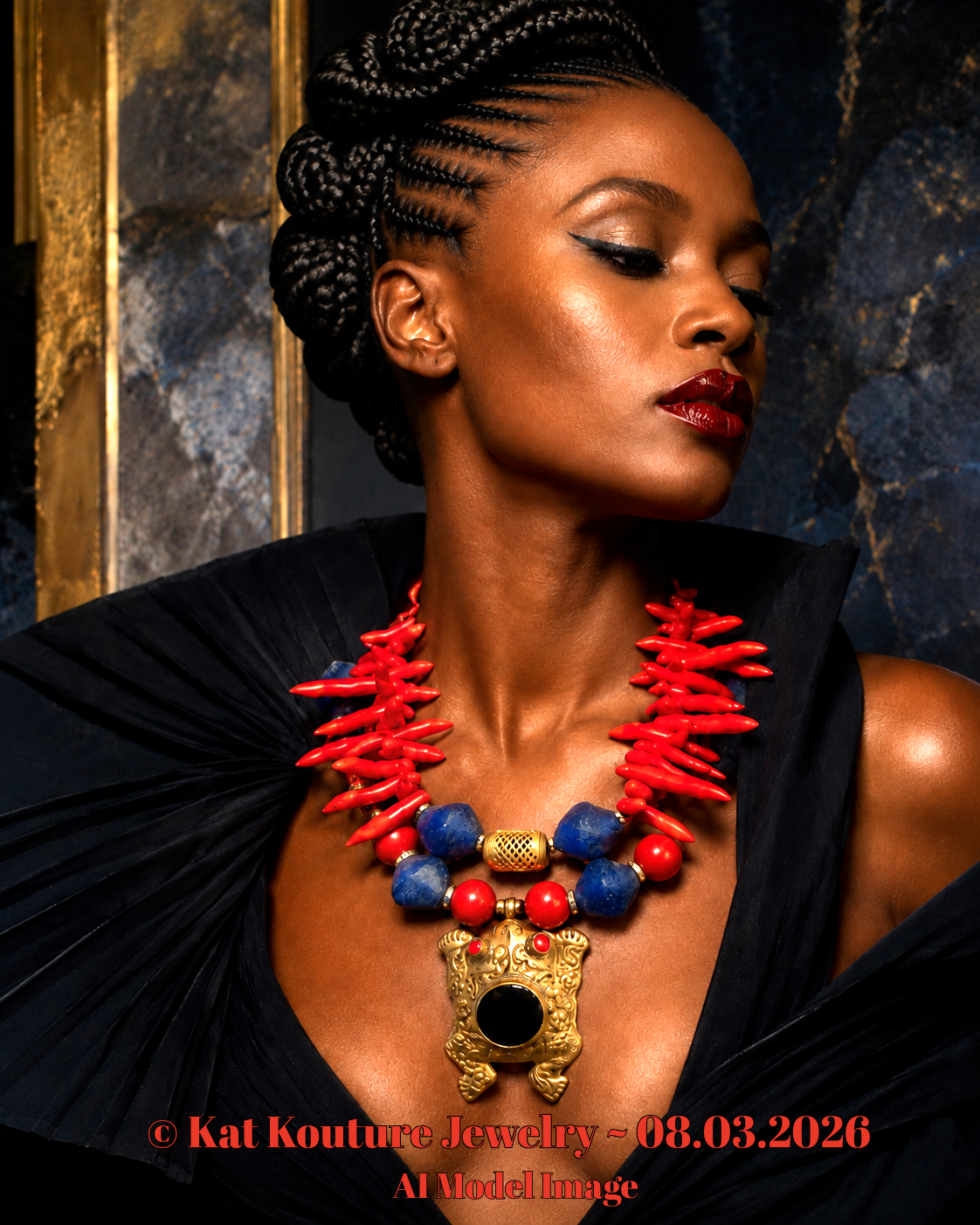 Red Coral & Blue Glass Exotic Statement Necklace - Repousse Frog Pendant
