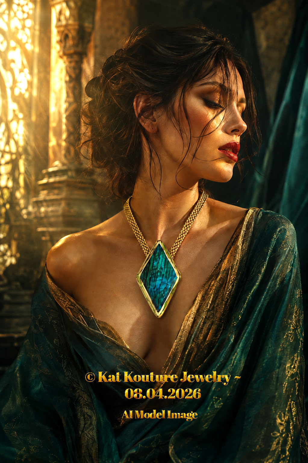 Green Moonstone Sculpted Pendant & Vintage Mesh Chain