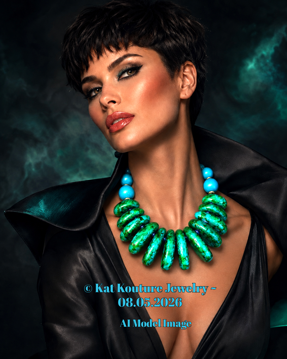Hand Sculpted Emerald Green Metallic Beaded Light Statement Luxury Nec