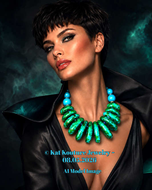 Hand Sculpted Emerald Green Metallic Beaded Light Statement Luxury Nec