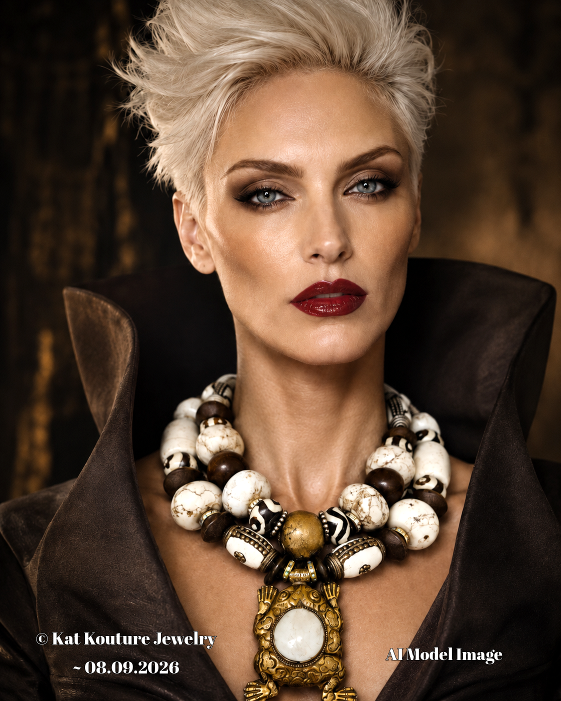 Magnesite Conch and Brass Tribal Beaded Necklace - Frog Pendant