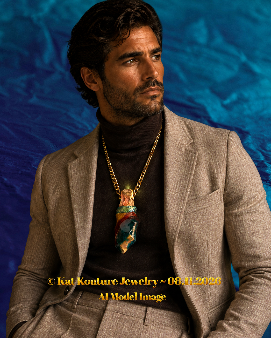 Ocean Jasper Flame Sculpted Pendant with Bold Gold Tone Chain - Unisex
