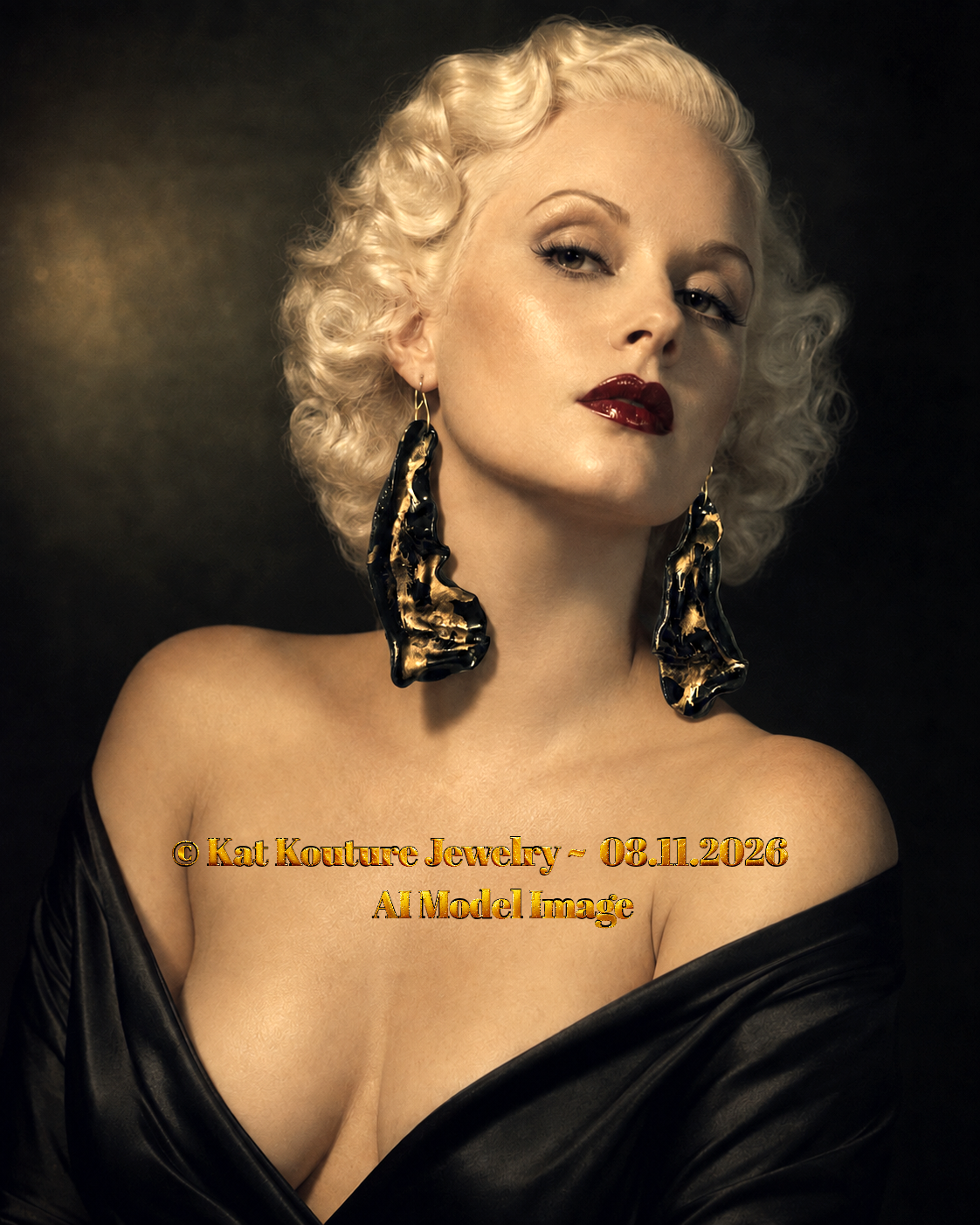 Black & Gold Hand Sculpted Avant Garde Pierced Earrings - Alcohol Inks