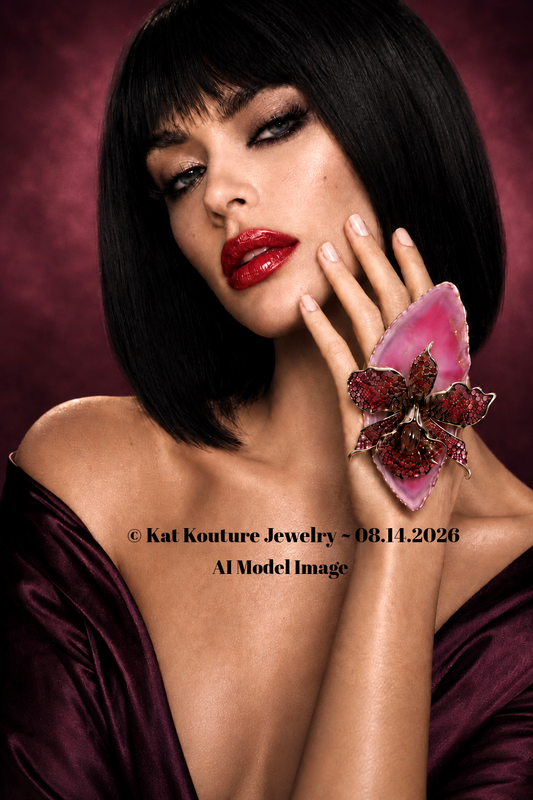 Hot Pink Agate & Rhinestone Orchid Jewel Statement Ring - Adjustable