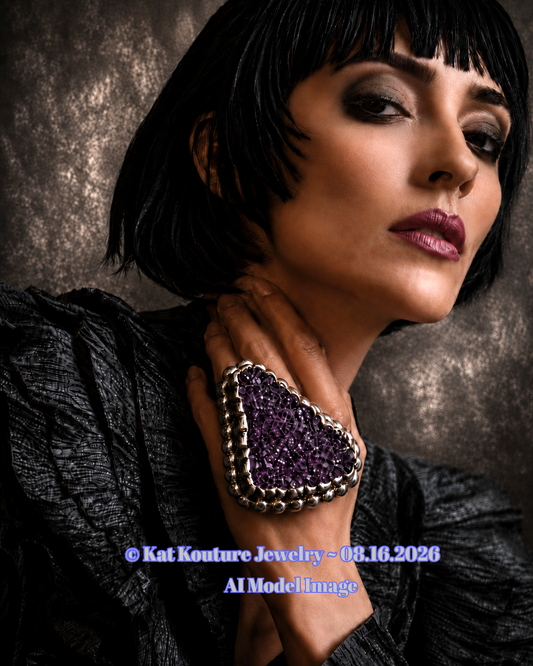Rough Amethyst Sculpted Two Finger Hand Ring - Avant Garde Couture
