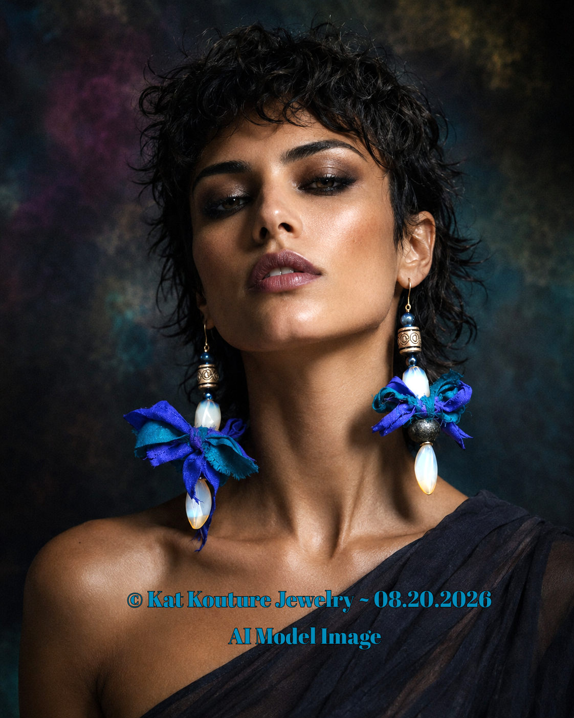 Moonstone Bead & Blue Distressed Sari Silk Pierced Earrings - OOAK