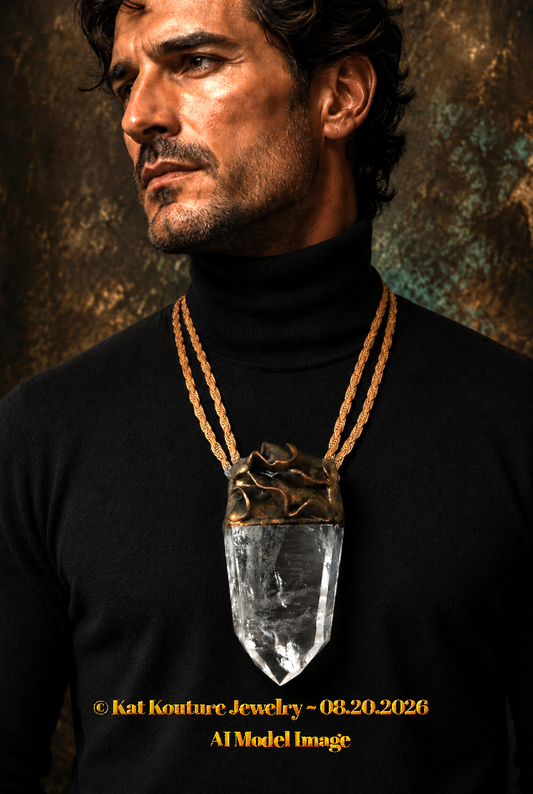 Sculpted Crystal Point Unisex Amulet With Vintage Brass & Copper Chain