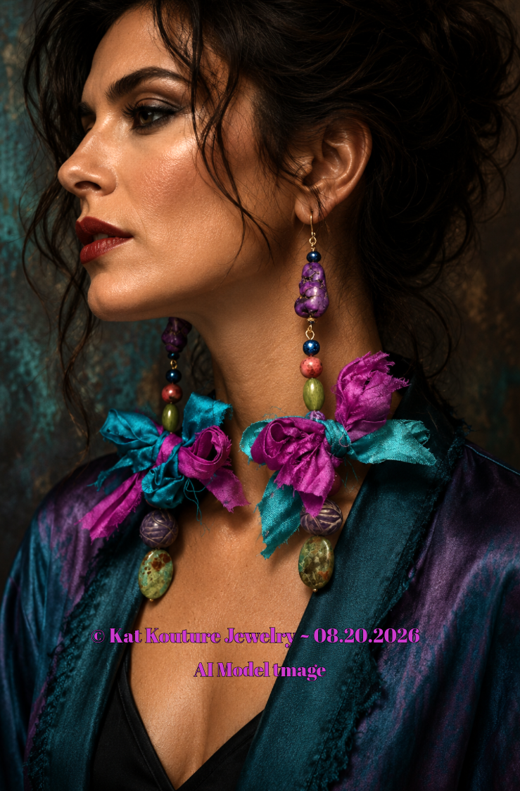 Beaded Jewel Tone & Gemstone Pierced Statement Earrings with Sari Silk