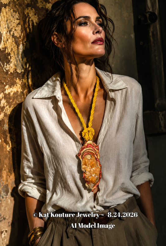Orange Aura Rough Quartz Sculpted Talisman With Yellow Silk Rope