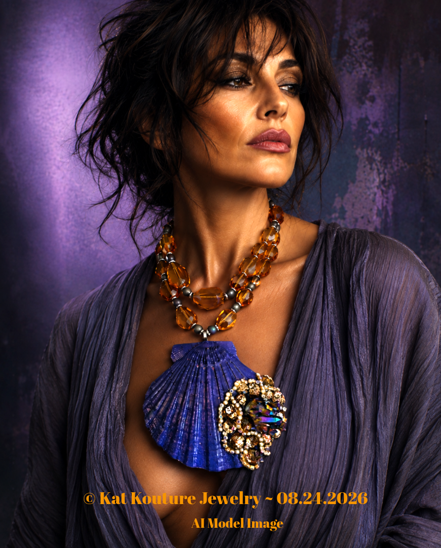 Purple Bejeweled Shell Pendant With Faceted Orange Crystal Necklace