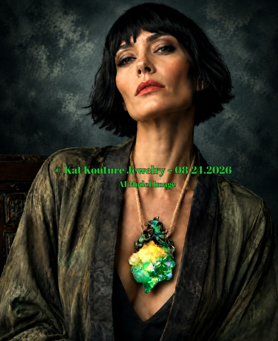Green & Yellow Aura Flame Quartz Sculpted Amulet with Jute Rope