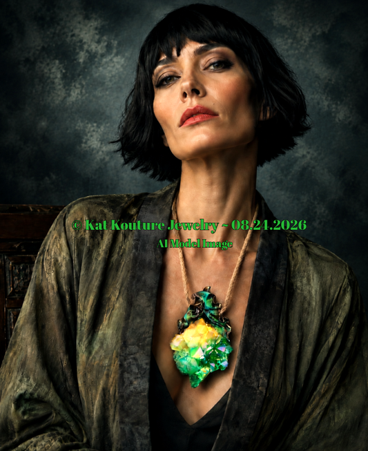 Green & Yellow Aura Flame Quartz Sculpted Amulet with Jute Rope
